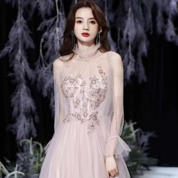 Best Blushing Pink See Through Dancing Prom Dresses 2021 A Line Princess High Neck Short Sleeve Beading Glitter Tulle Floor Length Long Ruffle Backless Formal Dresses
