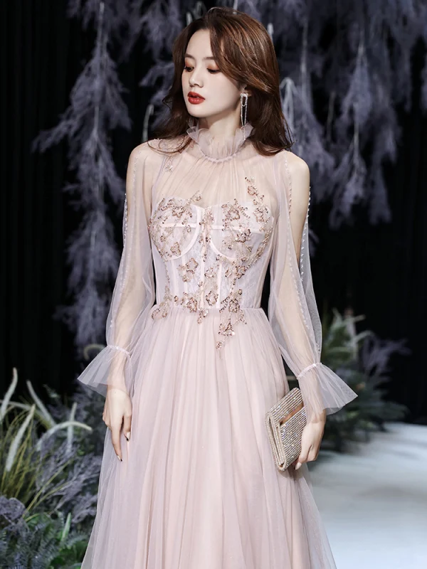 Meilleur Rougissant Rose Transparentes Dansant Robe De Bal 2021 Princesse Col Haut Manches Courtes Perlage Glitter Tulle Longue Volants Dos Nu Robe De Ceremonie