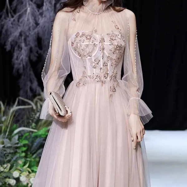 Meilleur Rougissant Rose Transparentes Dansant Robe De Bal 2021 Princesse Col Haut Manches Courtes Perlage Glitter Tulle Longue Volants Dos Nu Robe De Ceremonie