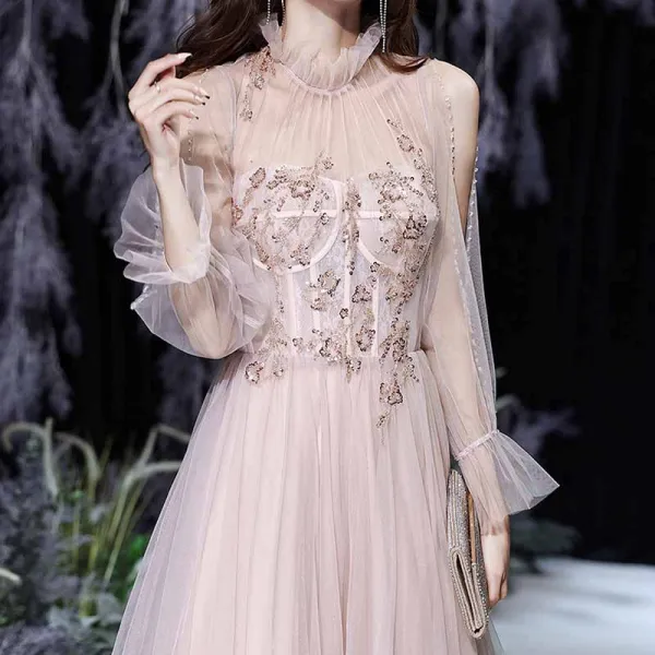 Meilleur Rougissant Rose Transparentes Dansant Robe De Bal 2021 Princesse Col Haut Manches Courtes Perlage Glitter Tulle Longue Volants Dos Nu Robe De Ceremonie