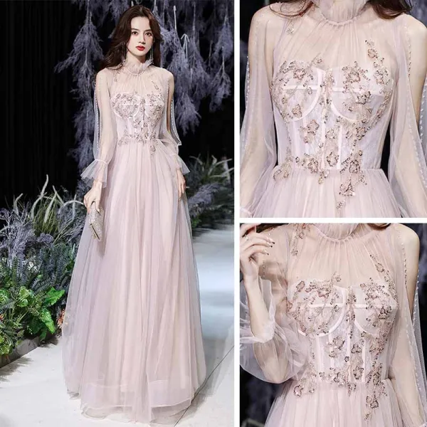 Meilleur Rougissant Rose Transparentes Dansant Robe De Bal 2021 Princesse Col Haut Manches Courtes Perlage Glitter Tulle Longue Volants Dos Nu Robe De Ceremonie