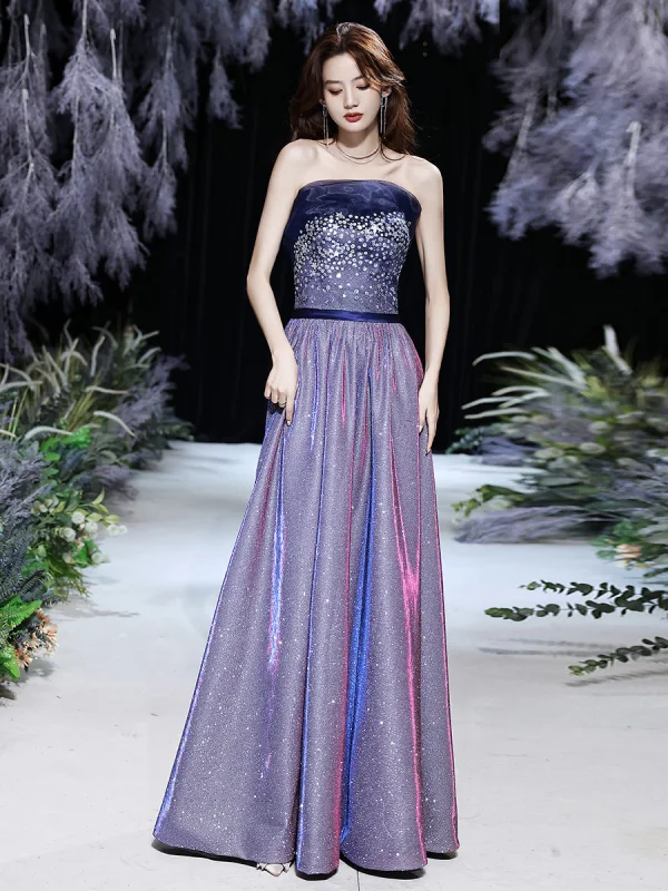 Bling Bling Purple Dancing Prom Dresses 2021 A-Line / Princess Strapless Sleeveless Sash Glitter Polyester Floor-Length / Long Ruffle Backless Formal Dresses