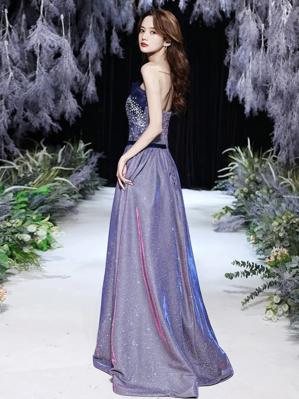 Bling Bling Purple Dancing Prom Dresses 2021 A-Line / Princess Strapless Sleeveless Sash Glitter Polyester Floor-Length / Long Ruffle Backless Formal Dresses