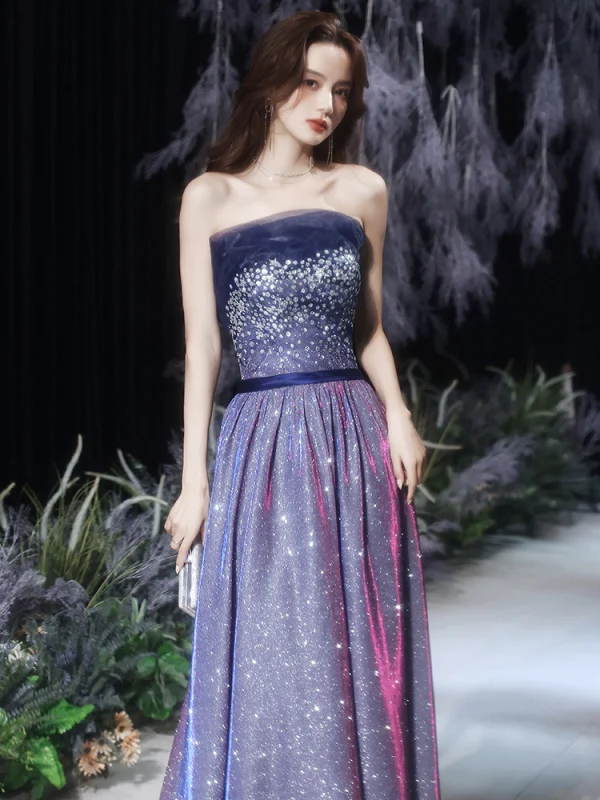 Bling Bling Purple Dancing Prom Dresses 2021 A-Line / Princess Strapless Sleeveless Sash Glitter Polyester Floor-Length / Long Ruffle Backless Formal Dresses