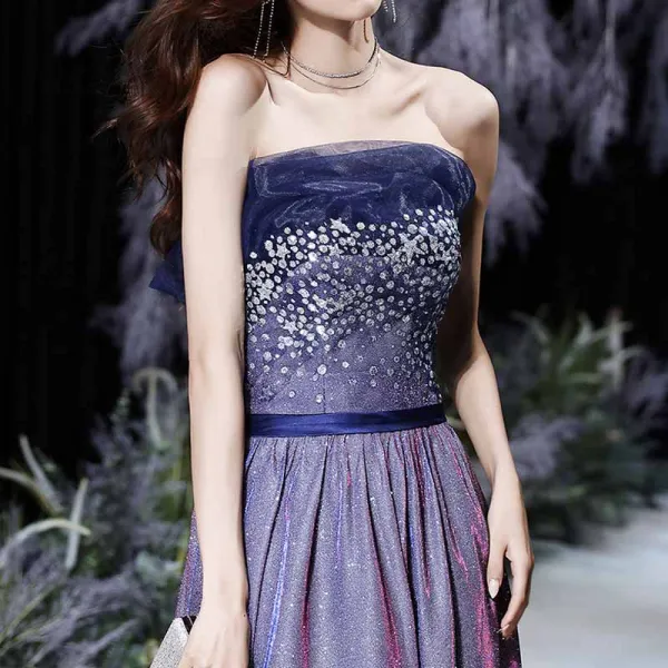 Bling Bling Purple Dancing Prom Dresses 2021 A-Line / Princess Strapless Sleeveless Sash Glitter Polyester Floor-Length / Long Ruffle Backless Formal Dresses