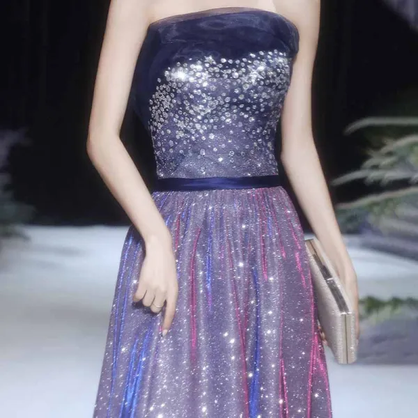 Bling Bling Purple Dancing Prom Dresses 2021 A-Line / Princess Strapless Sleeveless Sash Glitter Polyester Floor-Length / Long Ruffle Backless Formal Dresses