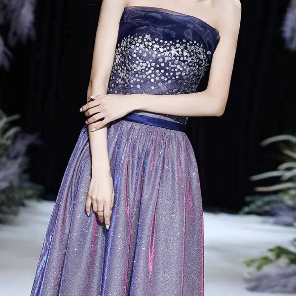 Bling Bling Purple Dancing Prom Dresses 2021 A-Line / Princess Strapless Sleeveless Sash Glitter Polyester Floor-Length / Long Ruffle Backless Formal Dresses