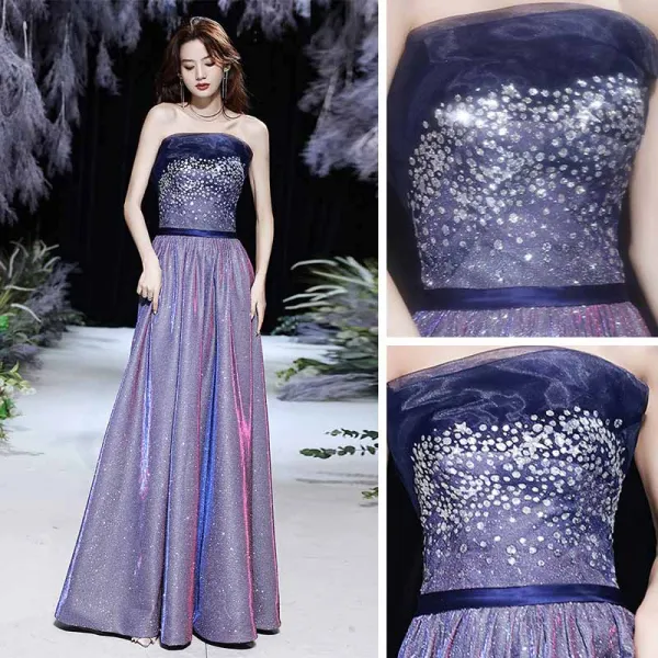 Bling Bling Purple Dancing Prom Dresses 2021 A-Line / Princess Strapless Sleeveless Sash Glitter Polyester Floor-Length / Long Ruffle Backless Formal Dresses