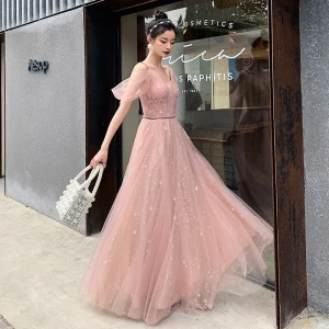 Rougissant Rose Étoile Robe De Bal 2021 Princesse Tresser Bretelles Spaghetti Manches Courtes Ceinture Longue Dos Nu Volants Robe De Ceremonie
