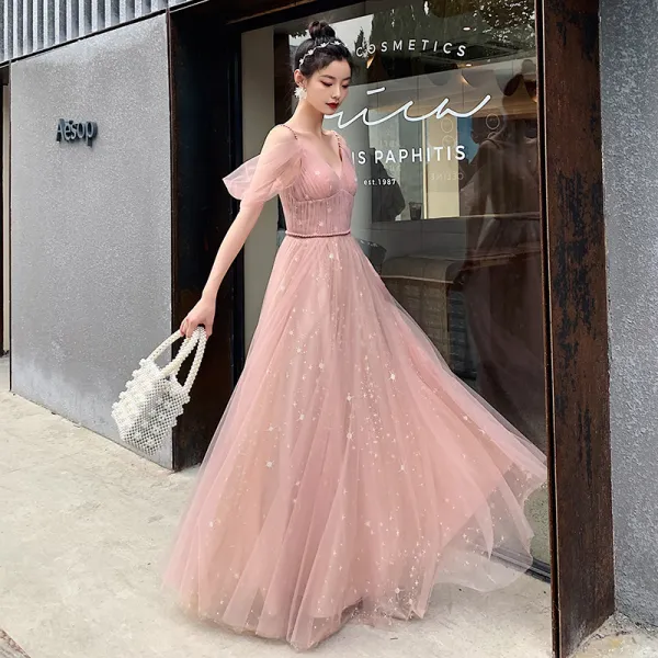 Blushing Pink Star Prom Dresses 2021 A-Line / Princess Braid Spaghetti Straps Short Sleeve Sash Floor-Length / Long Backless Ruffle Formal Dresses