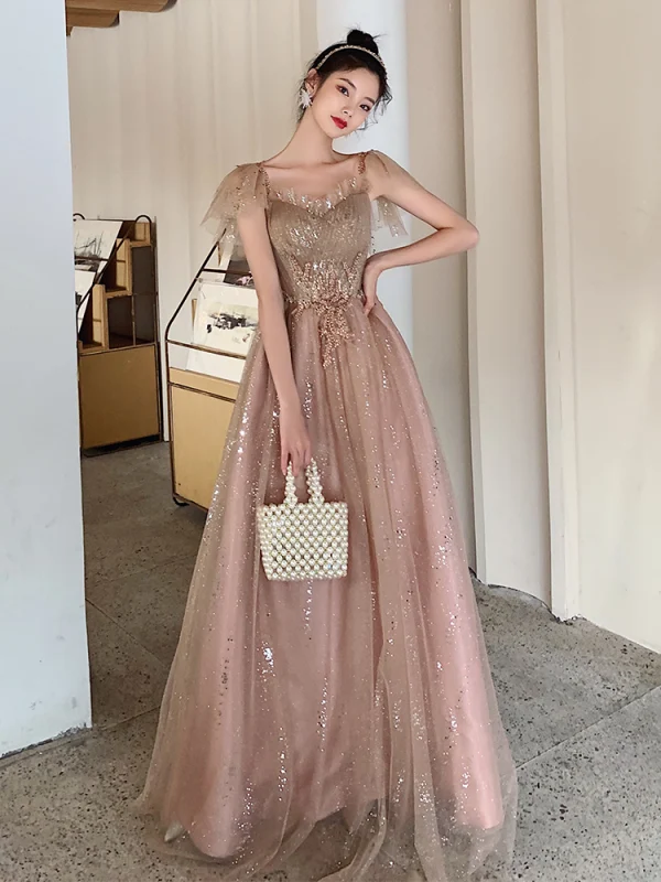 Bling Bling Khaki Dancing Prom Dresses 2021 A-Line Princess Square Neckline Sleeveless