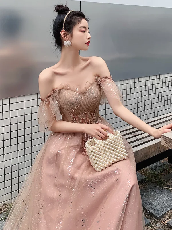 Bling Bling Khaki Tanzen Ballkleider 2021 A Linie Eckiger Ausschnitt Ärmellos Perlenstickerei Pailletten Glanz Tülle Lange Rüschen Rückenfreies Festliche Kleider
