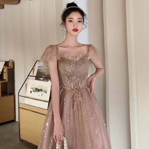 Bling Bling Khaki Taniec Sukienki Na Bal 2021 Princessa Kwadratowy Dekolt Bez Rękawów Frezowanie Cekiny Cekinami Tiulowe Długie Wzburzyć Bez Pleców Sukienki Wizytowe