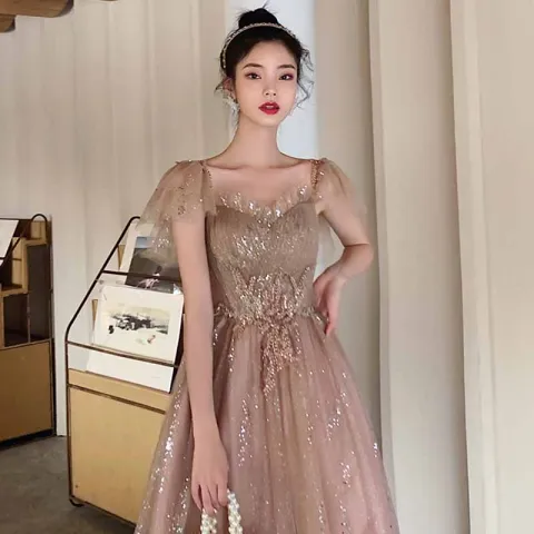 Bling Bling Khaki Tanzen Ballkleider 2021 A Linie Eckiger Ausschnitt Ärmellos Perlenstickerei Pailletten Glanz Tülle Lange Rüschen Rückenfreies Festliche Kleider
