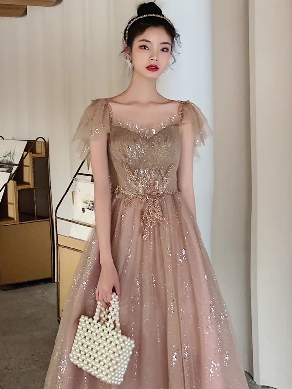 Bling Bling Khaki Tanzen Ballkleider 2021 A Linie Eckiger Ausschnitt Ärmellos Perlenstickerei Pailletten Glanz Tülle Lange Rüschen Rückenfreies Festliche Kleider