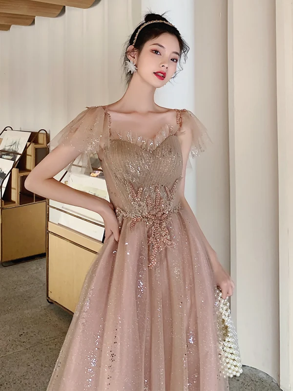 Bling Bling Khaki Tanzen Ballkleider 2021 A Linie Eckiger Ausschnitt Ärmellos Perlenstickerei Pailletten Glanz Tülle Lange Rüschen Rückenfreies Festliche Kleider