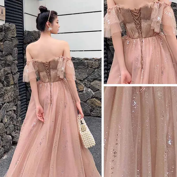 Bling Bling Khaki Tanzen Ballkleider 2021 A Linie Eckiger Ausschnitt Ärmellos Perlenstickerei Pailletten Glanz Tülle Lange Rüschen Rückenfreies Festliche Kleider