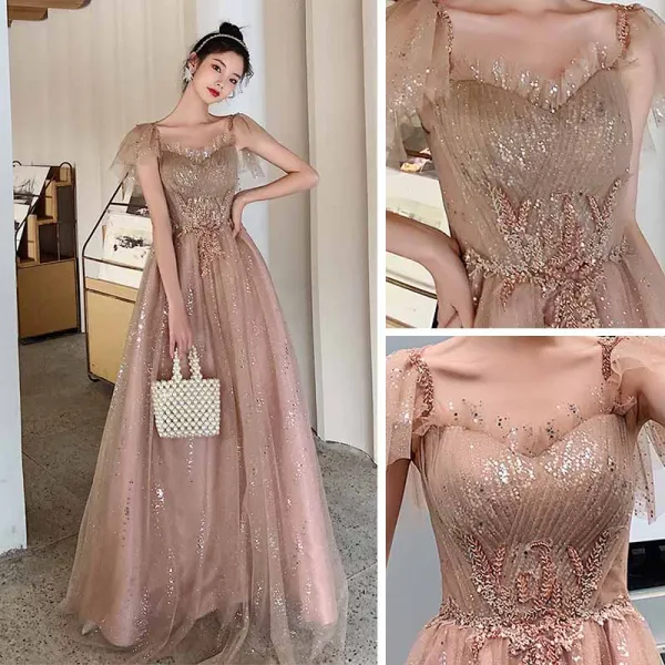 Bling Bling Khaki Tanzen Ballkleider 2021 A Linie Eckiger Ausschnitt Ärmellos Perlenstickerei Pailletten Glanz Tülle Lange Rüschen Rückenfreies Festliche Kleider
