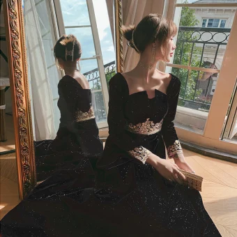 Sparkly Black Evening Dresses 2021 A Line Princess Square Neckline Long Sleeve Appliques Lace Glitter Polyester Ankle Length Ruffle Backless Formal Dresses