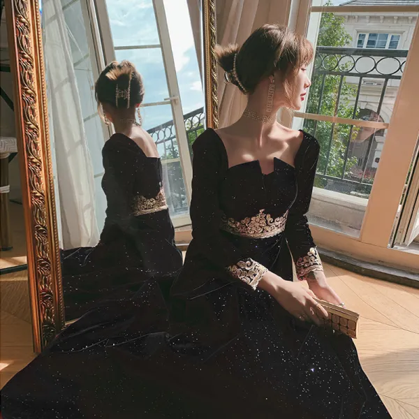Sparkly Black Evening Dresses  2021 A-Line / Princess Square Neckline Long Sleeve Appliques Lace Glitter Polyester Ankle Length Ruffle Backless Formal Dresses