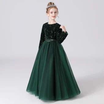 Mode Vert Foncé Hiver Anniversaire Robe Ceremonie Fille 2021 Princesse Encolure Dégagée Manches Longues Paillettes Ceinture Longue Volants