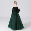 Fashion Dark Green Winter Birthday Flower Girl Dresses 2021 A-Line / Princess Scoop Neck Long Sleeve Sequins Sash Floor-Length / Long Ruffle