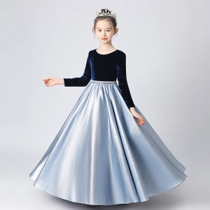 Two Tone Navy Blue Sky Blue Winter Birthday Flower Girl Dresses 2021 A Line Princess Scoop Neck Long Sleeve Pearl Sash Floor Length Long Ruffle
