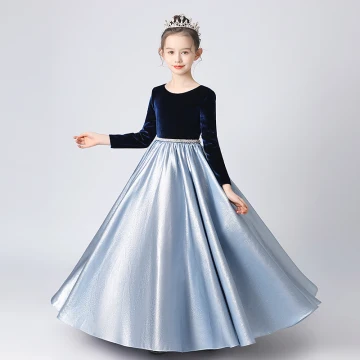 Deux Tons Bleu Marine Bleu Ciel Hiver Anniversaire Robe Ceremonie Fille 2021 Princesse Encolure Dégagée Manches Longues Perle Ceinture Longue Volants