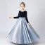 Deux tons Bleu Marine Bleu Ciel Hiver Anniversaire Robe Ceremonie Fille 2021 Princesse Encolure Dégagée Manches Longues Perle Ceinture Longue Volants