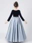 Deux tons Bleu Marine Bleu Ciel Hiver Anniversaire Robe Ceremonie Fille 2021 Princesse Encolure Dégagée Manches Longues Perle Ceinture Longue Volants