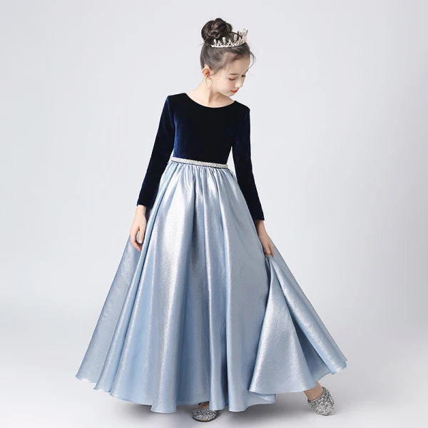 Deux tons Bleu Marine Bleu Ciel Hiver Anniversaire Robe Ceremonie Fille 2021 Princesse Encolure Dégagée Manches Longues Perle Ceinture Longue Volants