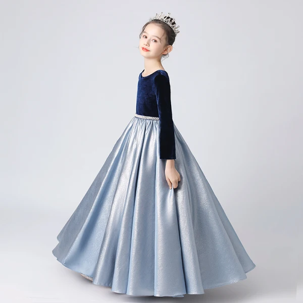 Deux tons Bleu Marine Bleu Ciel Hiver Anniversaire Robe Ceremonie Fille 2021 Princesse Encolure Dégagée Manches Longues Perle Ceinture Longue Volants