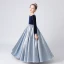 Deux tons Bleu Marine Bleu Ciel Hiver Anniversaire Robe Ceremonie Fille 2021 Princesse Encolure Dégagée Manches Longues Perle Ceinture Longue Volants