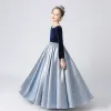 Dwa kolory Granatowe Błękitne Zima Urodziny Sukienki Dla Dziewczynek 2021 Princessa Wycięciem Długie Rękawy Perła Szarfa Długie Wzburzyć