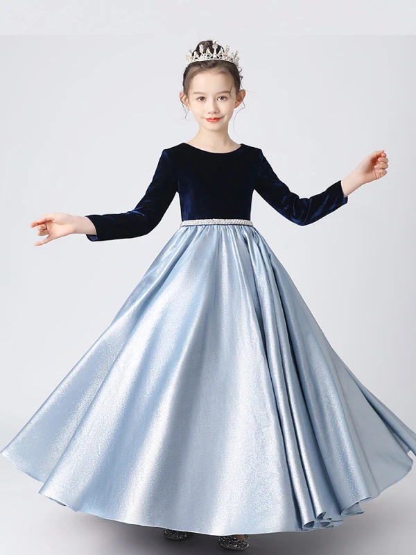 Deux tons Bleu Marine Bleu Ciel Hiver Anniversaire Robe Ceremonie Fille 2021 Princesse Encolure Dégagée Manches Longues Perle Ceinture Longue Volants
