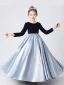 Deux tons Bleu Marine Bleu Ciel Hiver Anniversaire Robe Ceremonie Fille 2021 Princesse Encolure Dégagée Manches Longues Perle Ceinture Longue Volants