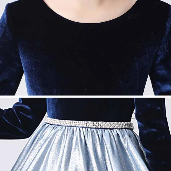 Deux tons Bleu Marine Bleu Ciel Hiver Anniversaire Robe Ceremonie Fille 2021 Princesse Encolure Dégagée Manches Longues Perle Ceinture Longue Volants