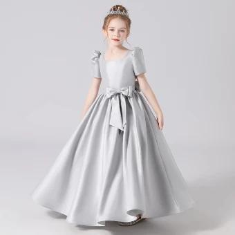 Modest Simple Silver Satin Birthday Flower Girl Dresses 2021 A Line Princess Square Neckline Short Sleeve Backless Bow Sash Floor Length Long Ruffle