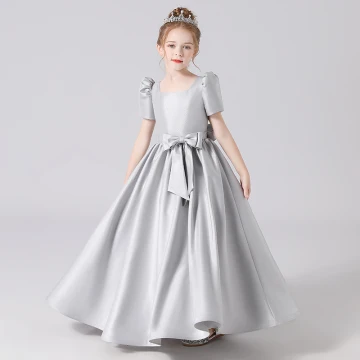 Modest Simple Silver Satin Birthday Flower Girl Dresses 2021 A Line Princess Square Neckline Short Sleeve Backless Bow Sash Floor Length Long Ruffle