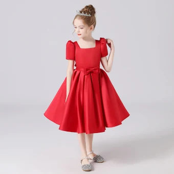 Vintage Retro Red Satin Birthday Flower Girl Dresses 2021 Ball Gown Square Neckline Short Sleeve Bow Sash Backless Tea Length Ruffle