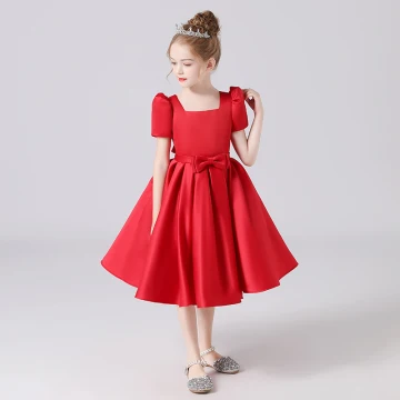Vintage Retro Red Satin Birthday Flower Girl Dresses 2021 Ball Gown Square Neckline Short Sleeve Bow Sash Backless Tea Length Ruffle