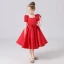Vintage / Retro Red Satin Birthday Flower Girl Dresses 2021 Ball Gown Square Neckline Short Sleeve Bow Sash Backless Tea-length Ruffle