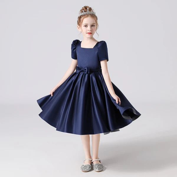Vintage / Retro Red Satin Birthday Flower Girl Dresses 2021 Ball Gown Square Neckline Short Sleeve Bow Sash Backless Tea-length Ruffle