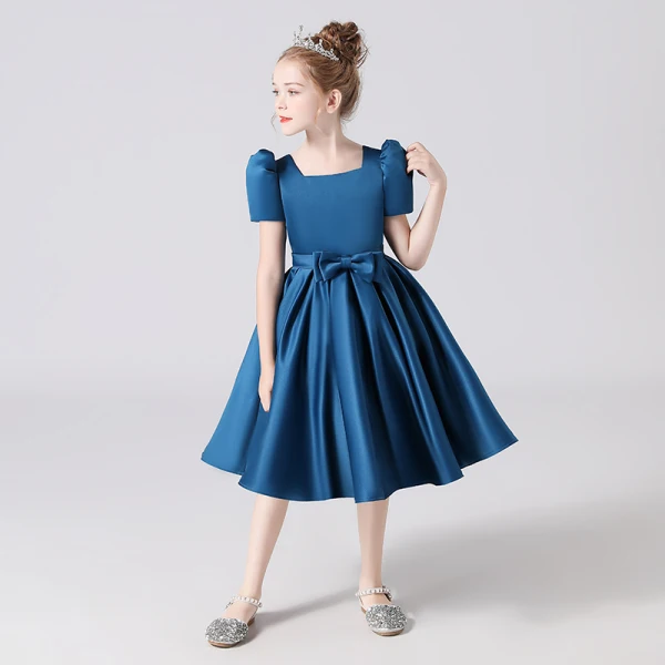 Vintage / Retro Red Satin Birthday Flower Girl Dresses 2021 Ball Gown Square Neckline Short Sleeve Bow Sash Backless Tea-length Ruffle