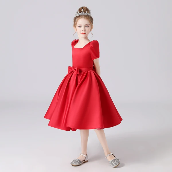 Vintage / Retro Red Satin Birthday Flower Girl Dresses 2021 Ball Gown Square Neckline Short Sleeve Bow Sash Backless Tea-length Ruffle