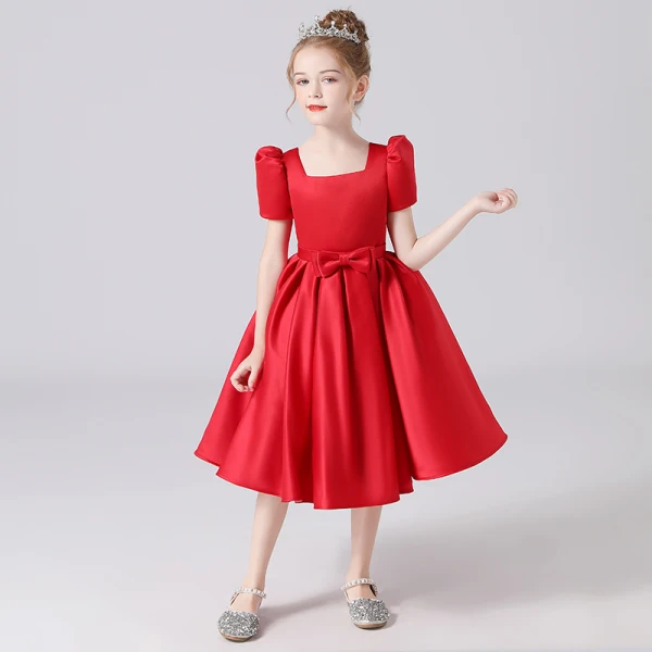 Vintage / Retro Red Satin Birthday Flower Girl Dresses 2021 Ball Gown Square Neckline Short Sleeve Bow Sash Backless Tea-length Ruffle