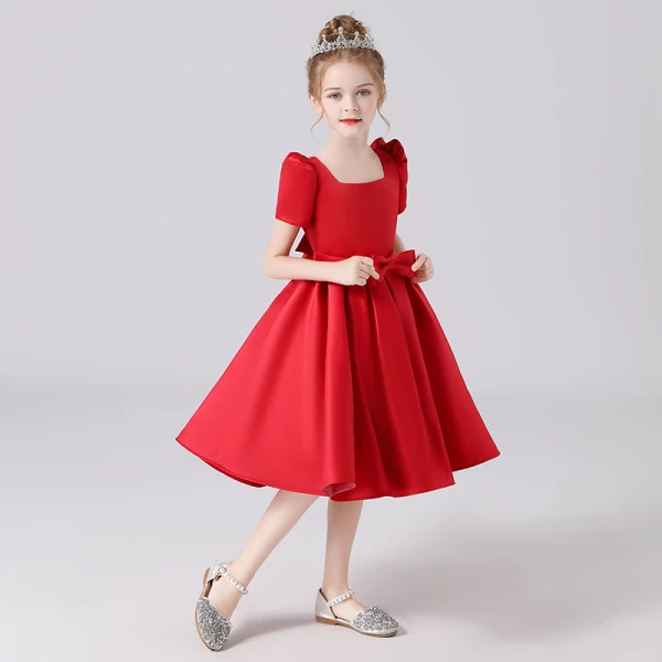 Vintage / Retro Red Satin Birthday Flower Girl Dresses 2021 Ball Gown Square Neckline Short Sleeve Bow Sash Backless Tea-length Ruffle