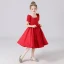 Vintage / Retro Red Satin Birthday Flower Girl Dresses 2021 Ball Gown Square Neckline Short Sleeve Bow Sash Backless Tea-length Ruffle