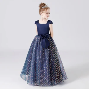 Sparkly Navy Blue Birthday Flower Girl Dresses 2021 Ball Gown Square Neckline Sleeveless Backless Sash Sequins Floor Length Long Ruffle