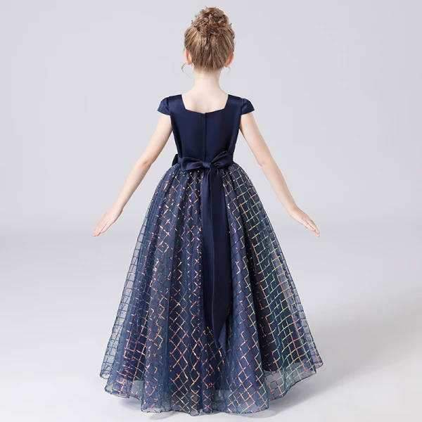 Scintillantes Bleu Marine Anniversaire Robe Ceremonie Fille 2021 Robe Boule Encolure Carrée Sans Manches Dos Nu Ceinture Paillettes Longue Volants